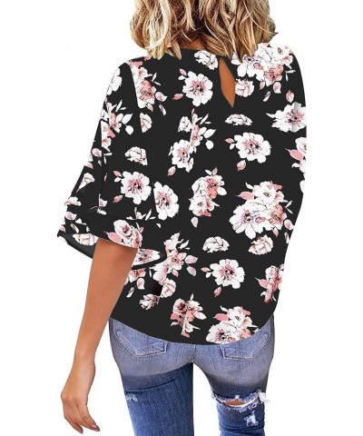 Women's Casual 3/4 Tiered Bell Sleeve Crewneck Loose Tops Blouses Shirt A2 Pink Floral Print Black $15.80 Blouses