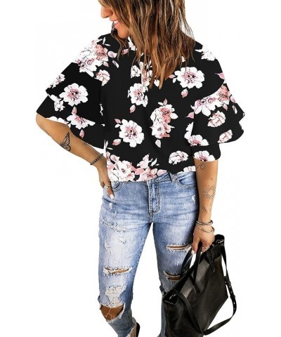 Women's Casual 3/4 Tiered Bell Sleeve Crewneck Loose Tops Blouses Shirt A2 Pink Floral Print Black $15.80 Blouses