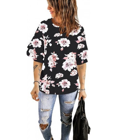 Women's Casual 3/4 Tiered Bell Sleeve Crewneck Loose Tops Blouses Shirt A2 Pink Floral Print Black $15.80 Blouses