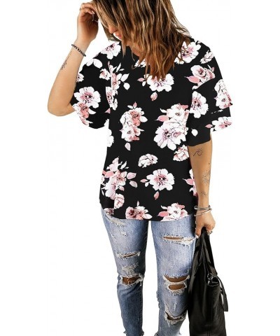 Women's Casual 3/4 Tiered Bell Sleeve Crewneck Loose Tops Blouses Shirt A2 Pink Floral Print Black $15.80 Blouses