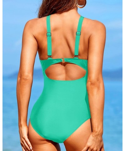 Women One Piece Swimsuits Front Cross Keyhole Tummy Control Backless Bathing Suit Aqua Green $21.82 Swimsuits