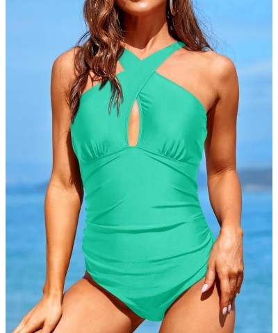 Women One Piece Swimsuits Front Cross Keyhole Tummy Control Backless Bathing Suit Aqua Green $21.82 Swimsuits