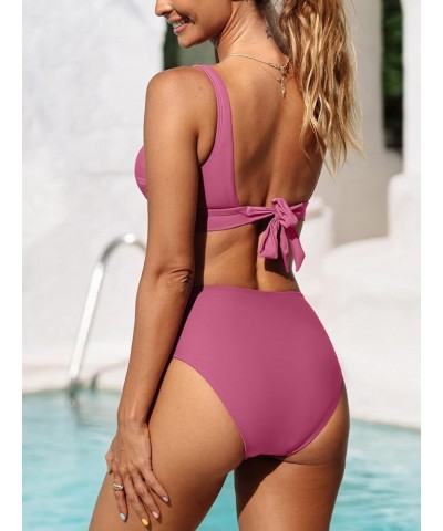 Bikini Set for Women Two Piece Swimsuits Mid Rise Scoop Neck Ruched Back Tie Tank Palevioletred $17.48 Swimsuits