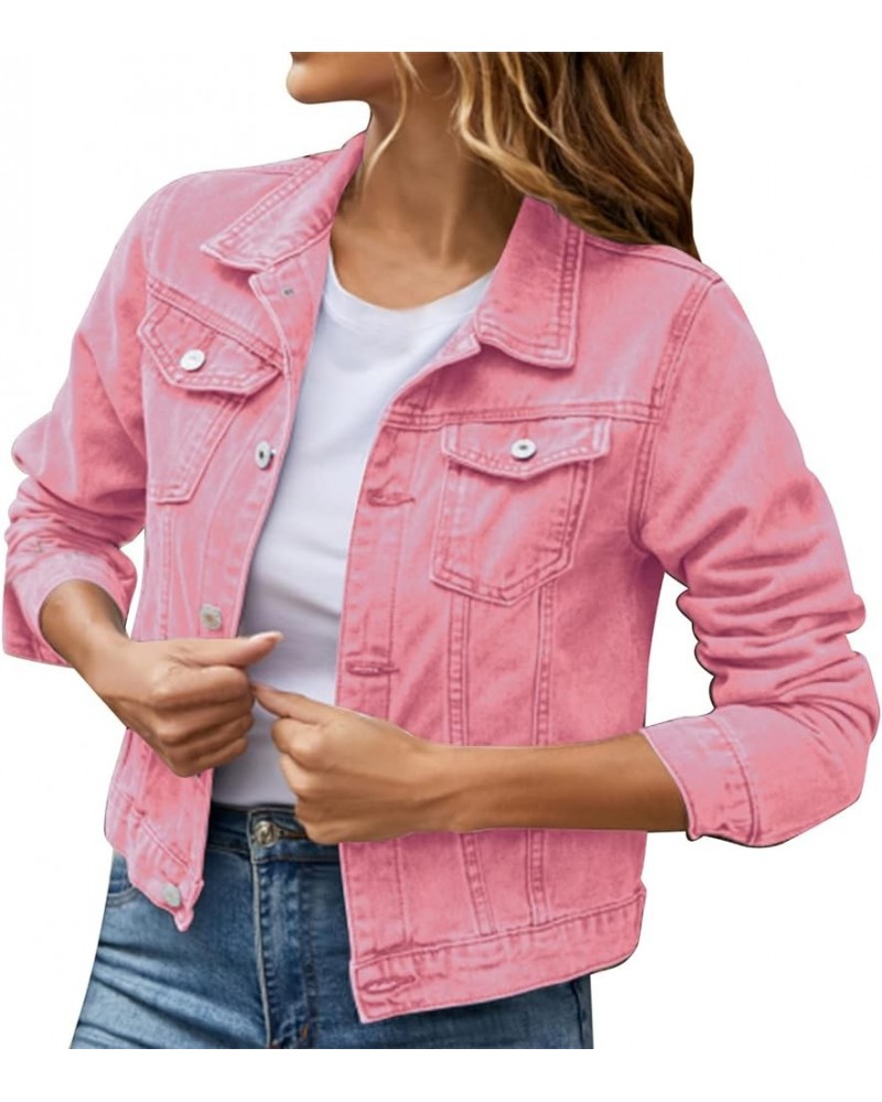 2023 Jean Jackets for Women Oversized Fashion Button Down Denim Jacket Fall Shacket Western Jacket with Pockets A06-pink $10....