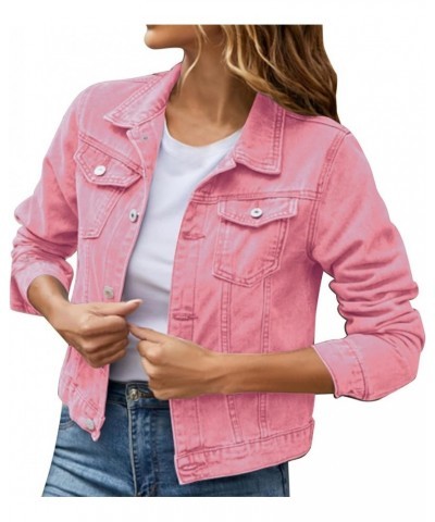 2023 Jean Jackets for Women Oversized Fashion Button Down Denim Jacket Fall Shacket Western Jacket with Pockets A06-pink $10....