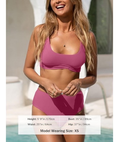 Bikini Set for Women Two Piece Swimsuits Mid Rise Scoop Neck Ruched Back Tie Tank Palevioletred $17.48 Swimsuits