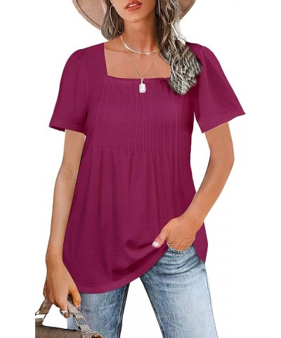 Womens 2023 Summer Puff Short Sleeve Tunic Tops Pleated Square Neck Blouses Casual Loose T Shirts Purple $7.79 Tops