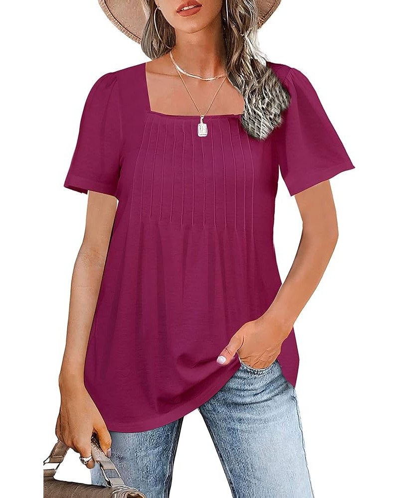 Womens 2023 Summer Puff Short Sleeve Tunic Tops Pleated Square Neck Blouses Casual Loose T Shirts Purple $7.79 Tops