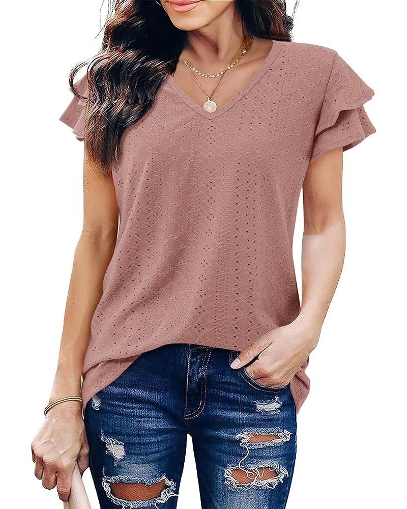 Womens Summer Tops V Neck Ruffle Short Sleeve T Shirts Eyelet Loose Fit Cameo $20.51 Others