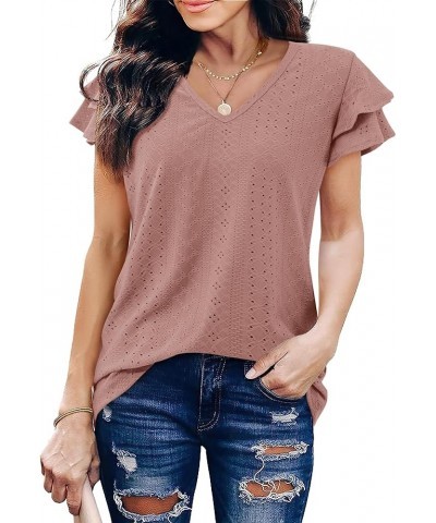 Womens Summer Tops V Neck Ruffle Short Sleeve T Shirts Eyelet Loose Fit Cameo $20.51 Others