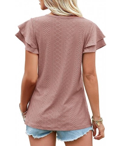 Womens Summer Tops V Neck Ruffle Short Sleeve T Shirts Eyelet Loose Fit Cameo $20.51 Others