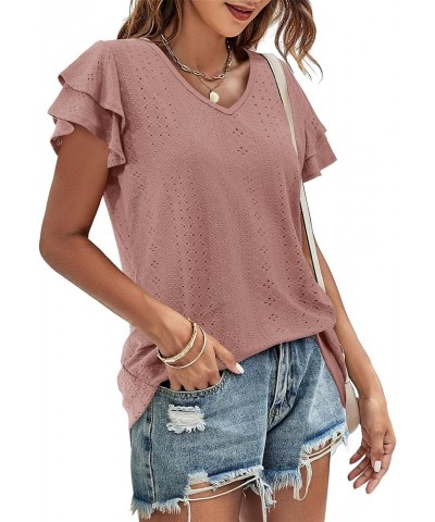 Womens Summer Tops V Neck Ruffle Short Sleeve T Shirts Eyelet Loose Fit Cameo $20.51 Others