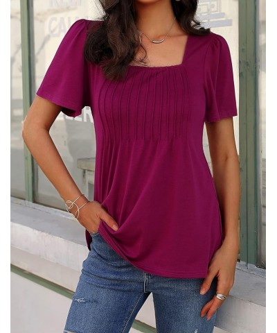 Womens 2023 Summer Puff Short Sleeve Tunic Tops Pleated Square Neck Blouses Casual Loose T Shirts Purple $7.79 Tops