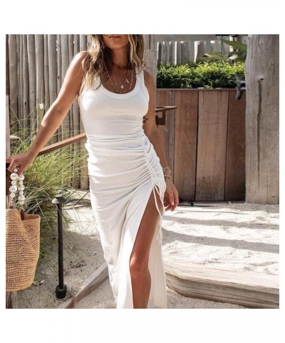 Summer Dresses 2023 Trendy Sleeveless High Waist Boho Ribbed Drawstring Sundress Ruched Sexy High Slit Maxi Dress A03_white $...