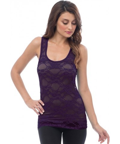 Womens Sheer Nylon Stretch Lace Racerback Tank Top Sexy Tops for Women Purple $10.19 Tanks