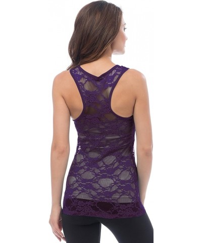 Womens Sheer Nylon Stretch Lace Racerback Tank Top Sexy Tops for Women Purple $10.19 Tanks