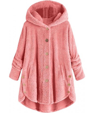 Fleece Jackets for Women Plus Size Button Plush Tops Hooded Patchwork Loose Cardigan Wool Coat Winter Jacket Outwear Q05pink ...