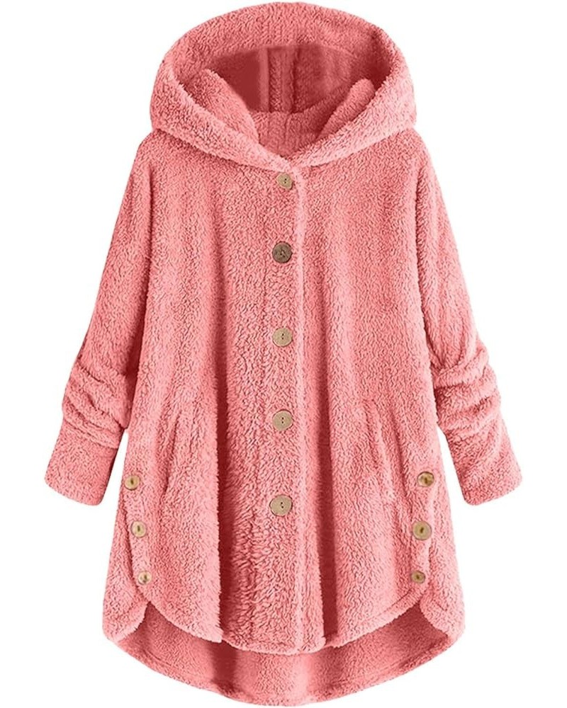 Fleece Jackets for Women Plus Size Button Plush Tops Hooded Patchwork Loose Cardigan Wool Coat Winter Jacket Outwear Q05pink ...