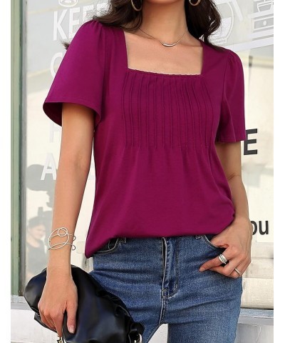 Womens 2023 Summer Puff Short Sleeve Tunic Tops Pleated Square Neck Blouses Casual Loose T Shirts Purple $7.79 Tops