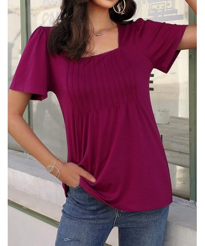 Womens 2023 Summer Puff Short Sleeve Tunic Tops Pleated Square Neck Blouses Casual Loose T Shirts Purple $7.79 Tops