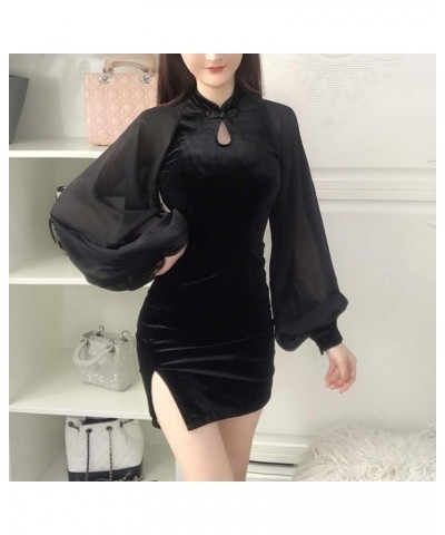 Women's Bodycon Mini Dress Sexy Cheongsam Chinese Style Side Slit Qipao Solid Color Vintage Dress 21108-black $14.50 Dresses