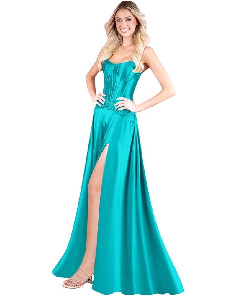 Corset Strapless Satin Prom Dress Long Formal Evening Party Dress with Slit Turquoise $40.00 Dresses