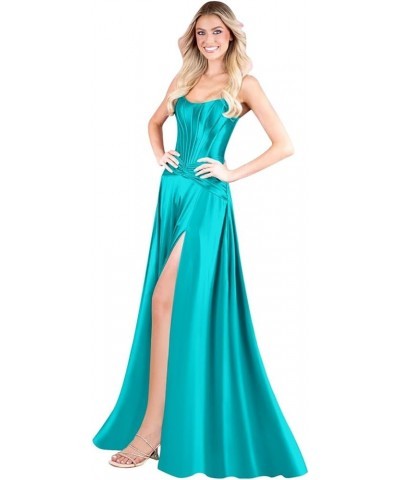 Corset Strapless Satin Prom Dress Long Formal Evening Party Dress with Slit Turquoise $40.00 Dresses