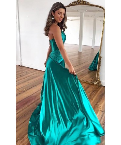 Corset Strapless Satin Prom Dress Long Formal Evening Party Dress with Slit Turquoise $40.00 Dresses