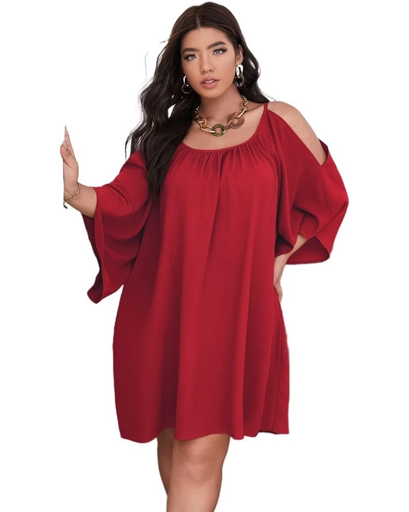 Women Plus Size Summer Dress Cold Shoulder Short Sleeve Casual Loose Short Dresses Solid Red $22.54 Dresses