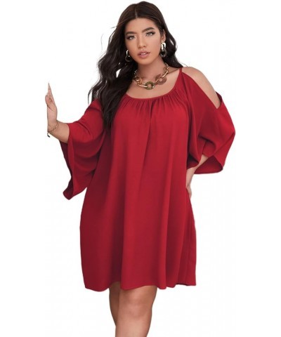 Women Plus Size Summer Dress Cold Shoulder Short Sleeve Casual Loose Short Dresses Solid Red $22.54 Dresses