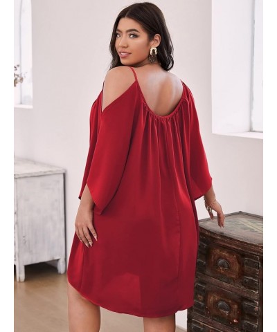 Women Plus Size Summer Dress Cold Shoulder Short Sleeve Casual Loose Short Dresses Solid Red $22.54 Dresses