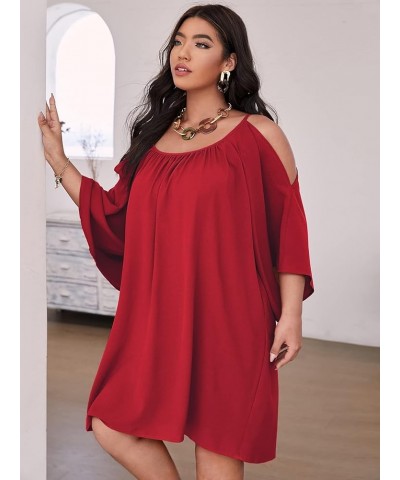 Women Plus Size Summer Dress Cold Shoulder Short Sleeve Casual Loose Short Dresses Solid Red $22.54 Dresses