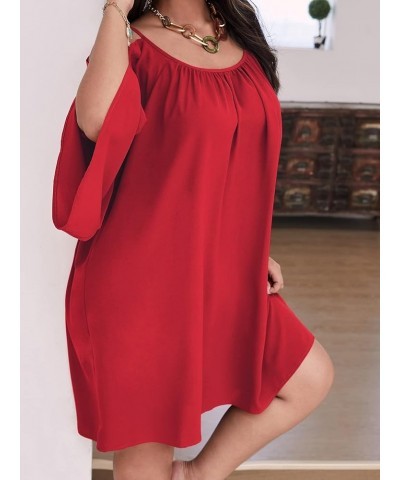 Women Plus Size Summer Dress Cold Shoulder Short Sleeve Casual Loose Short Dresses Solid Red $22.54 Dresses