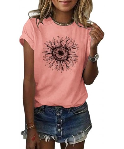 Women's T Shirts Short Sleeve Tees Sunflower Graphic Loose Summer Tops Pink $11.00 T-Shirts