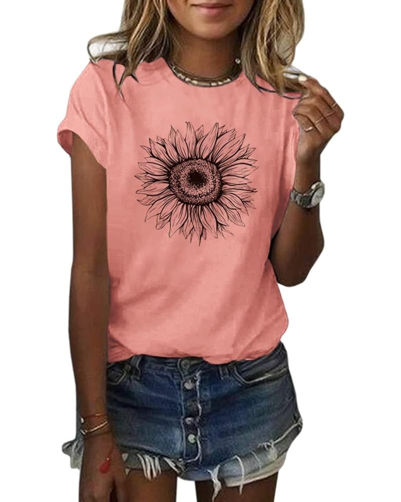 Women's T Shirts Short Sleeve Tees Sunflower Graphic Loose Summer Tops Pink $11.00 T-Shirts