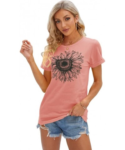 Women's T Shirts Short Sleeve Tees Sunflower Graphic Loose Summer Tops Pink $11.00 T-Shirts