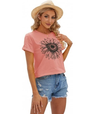 Women's T Shirts Short Sleeve Tees Sunflower Graphic Loose Summer Tops Pink $11.00 T-Shirts