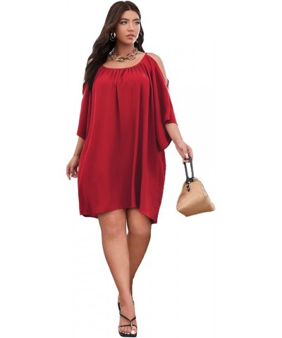 Women Plus Size Summer Dress Cold Shoulder Short Sleeve Casual Loose Short Dresses Solid Red $22.54 Dresses