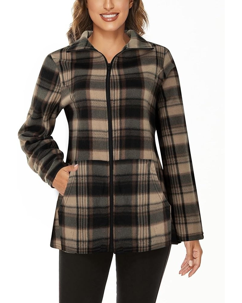 Women's Outdoor Full-Zip Thermal Fleece Jacket with Pockets Plaid Brown $15.12 Jackets