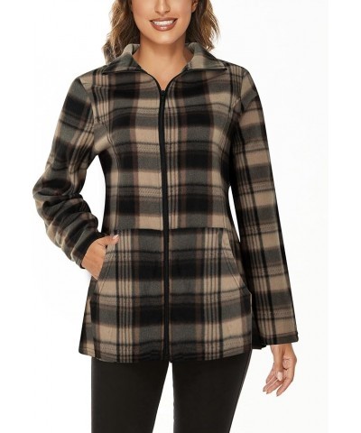 Women's Outdoor Full-Zip Thermal Fleece Jacket with Pockets Plaid Brown $15.12 Jackets