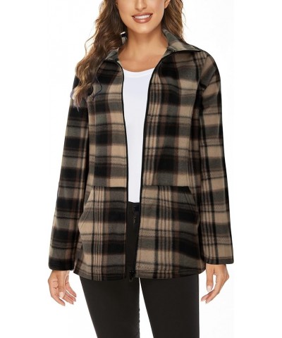 Women's Outdoor Full-Zip Thermal Fleece Jacket with Pockets Plaid Brown $15.12 Jackets