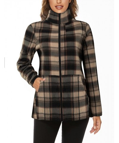 Women's Outdoor Full-Zip Thermal Fleece Jacket with Pockets Plaid Brown $15.12 Jackets