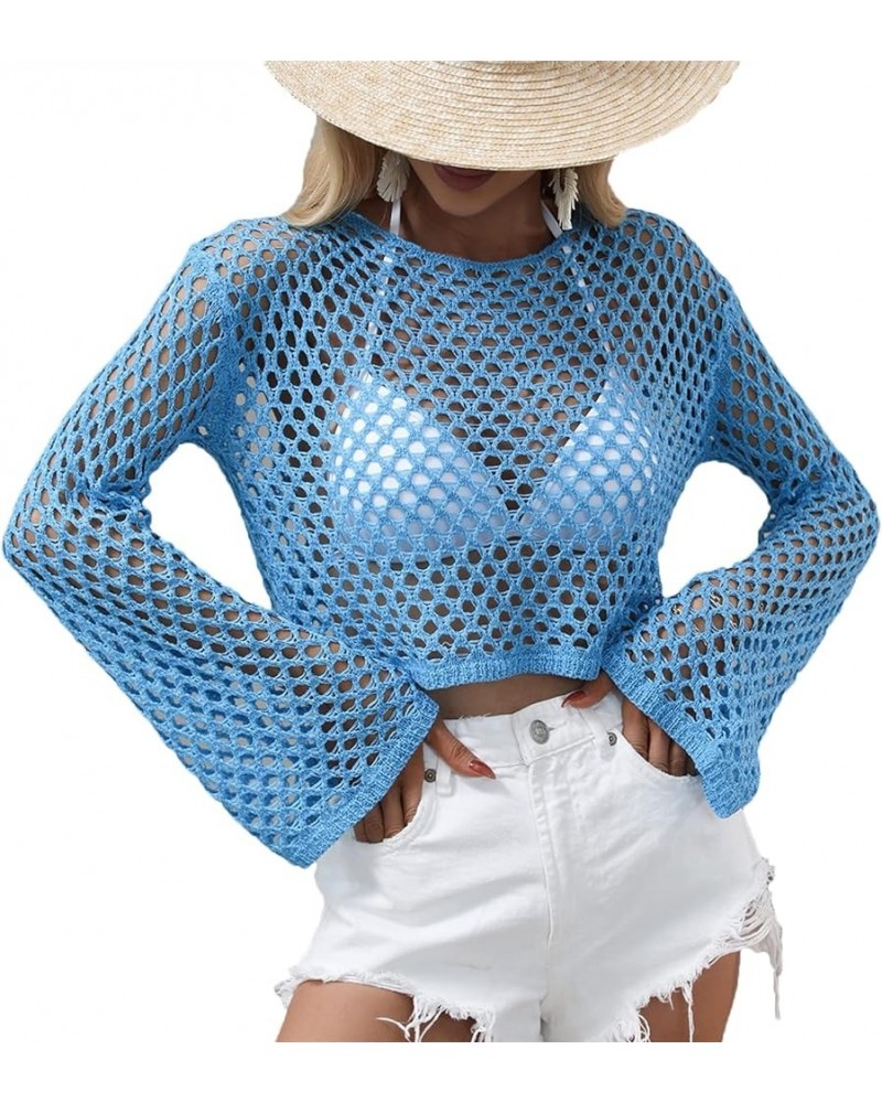 Women's Sexy See Through Hollow Out Crop Top Crew Neck Mesh Crochet Knitted Beach Bikini Cover Ups Blue $17.69 Swimsuits