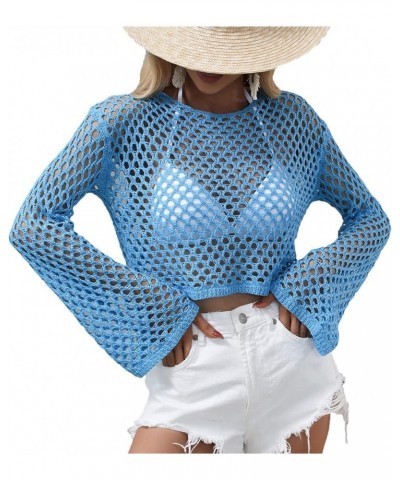 Women's Sexy See Through Hollow Out Crop Top Crew Neck Mesh Crochet Knitted Beach Bikini Cover Ups Blue $17.69 Swimsuits