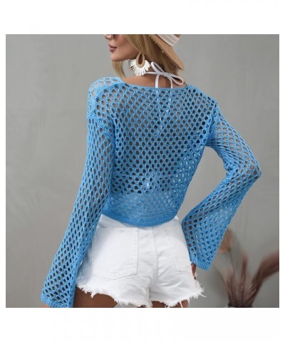 Women's Sexy See Through Hollow Out Crop Top Crew Neck Mesh Crochet Knitted Beach Bikini Cover Ups Blue $17.69 Swimsuits