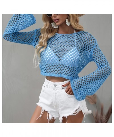 Women's Sexy See Through Hollow Out Crop Top Crew Neck Mesh Crochet Knitted Beach Bikini Cover Ups Blue $17.69 Swimsuits