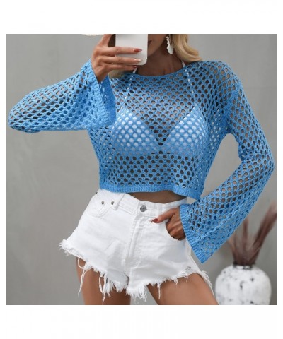 Women's Sexy See Through Hollow Out Crop Top Crew Neck Mesh Crochet Knitted Beach Bikini Cover Ups Blue $17.69 Swimsuits