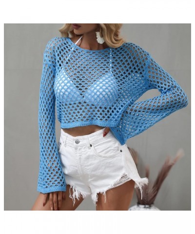 Women's Sexy See Through Hollow Out Crop Top Crew Neck Mesh Crochet Knitted Beach Bikini Cover Ups Blue $17.69 Swimsuits