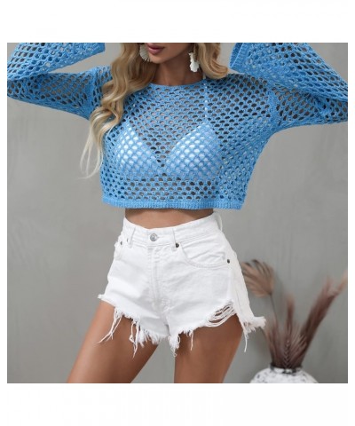 Women's Sexy See Through Hollow Out Crop Top Crew Neck Mesh Crochet Knitted Beach Bikini Cover Ups Blue $17.69 Swimsuits