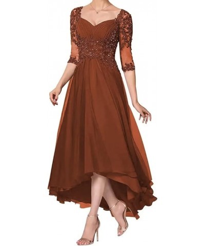 Tea Length Mother of The Bride Dresses with Sleeves Lace Appliques Chiffon Beaded Hi-Lo Formal Dress for Women Orange $39.74 ...